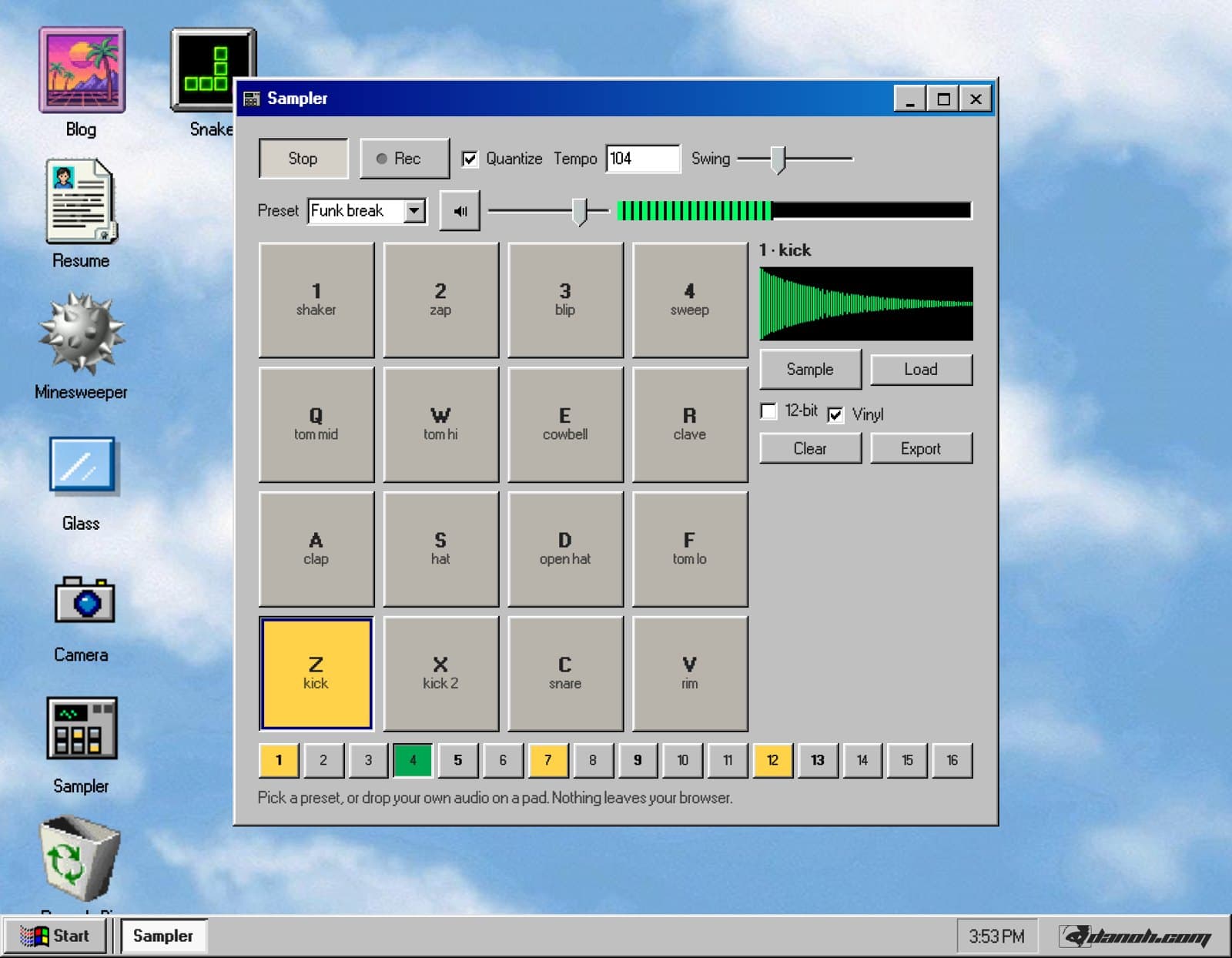 The Sampler program open on the danoh.com desktop: a four by four grid of pads labelled with keyboard keys and drum names, a waveform of the kick, a volume slider and level meter, 12-bit and Vinyl switches, and a sixteen step row with the playhead running.