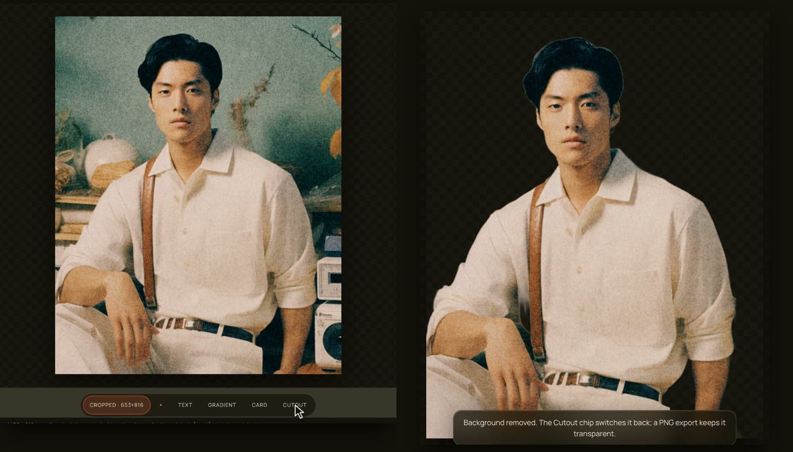The Kayrage Darkroom editor. Left: a portrait with its background, the cursor on the Cutout chip. Right: the same portrait on transparency, with a toast reading 'Background removed.'